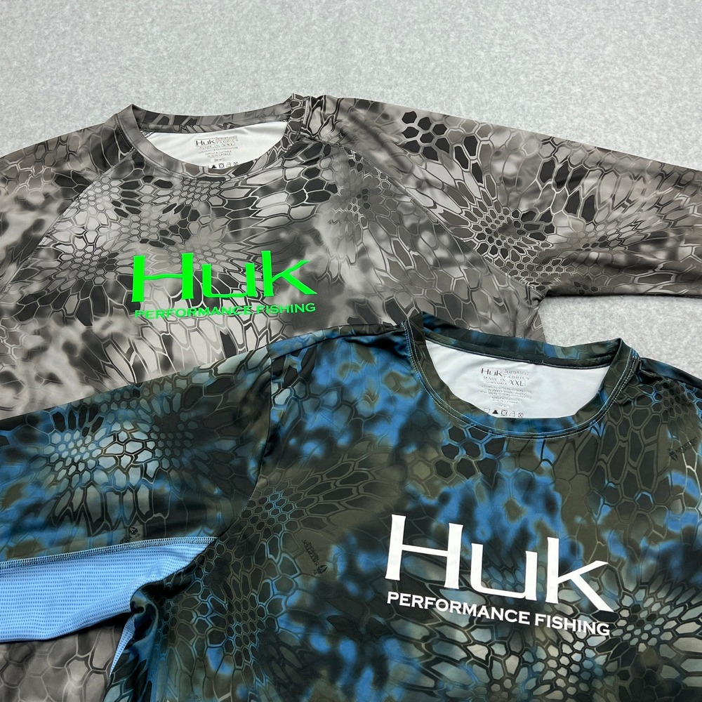 Lot of 2 Huk Fishing Shirt Mens XXL Multi Kryptek Camo Long Sleeve‎ Performance